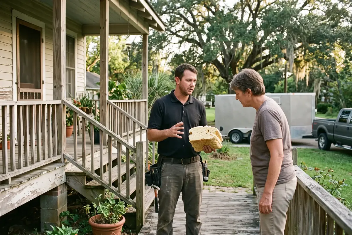 Spray foam contractor explaining the job to a homeowner in Louisiana