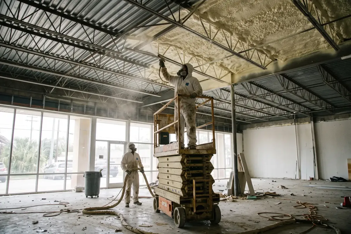 Spray foam crew insulating a commercial building in the Metairie area