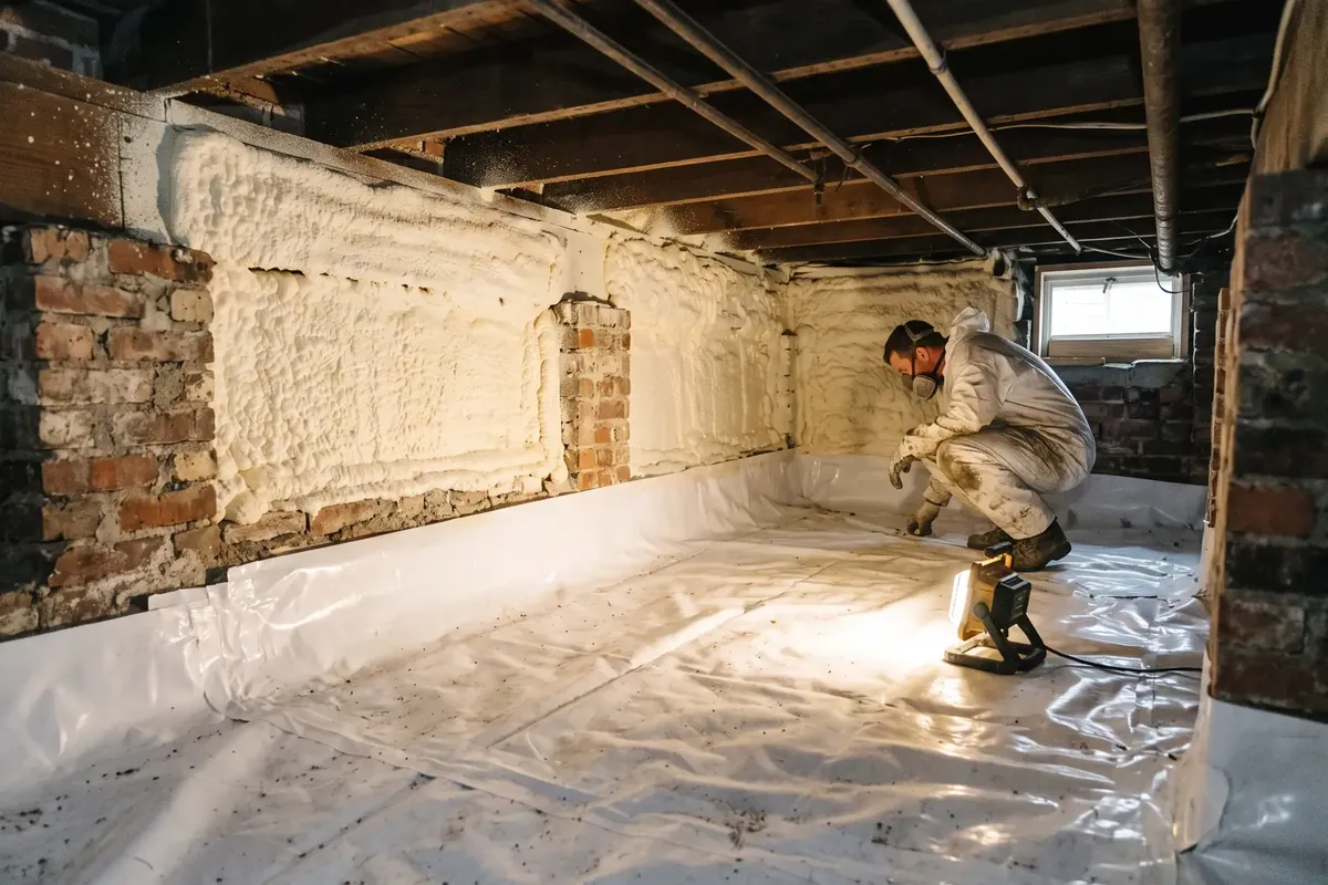 Spray foam applied to crawl space walls in a Louisiana home