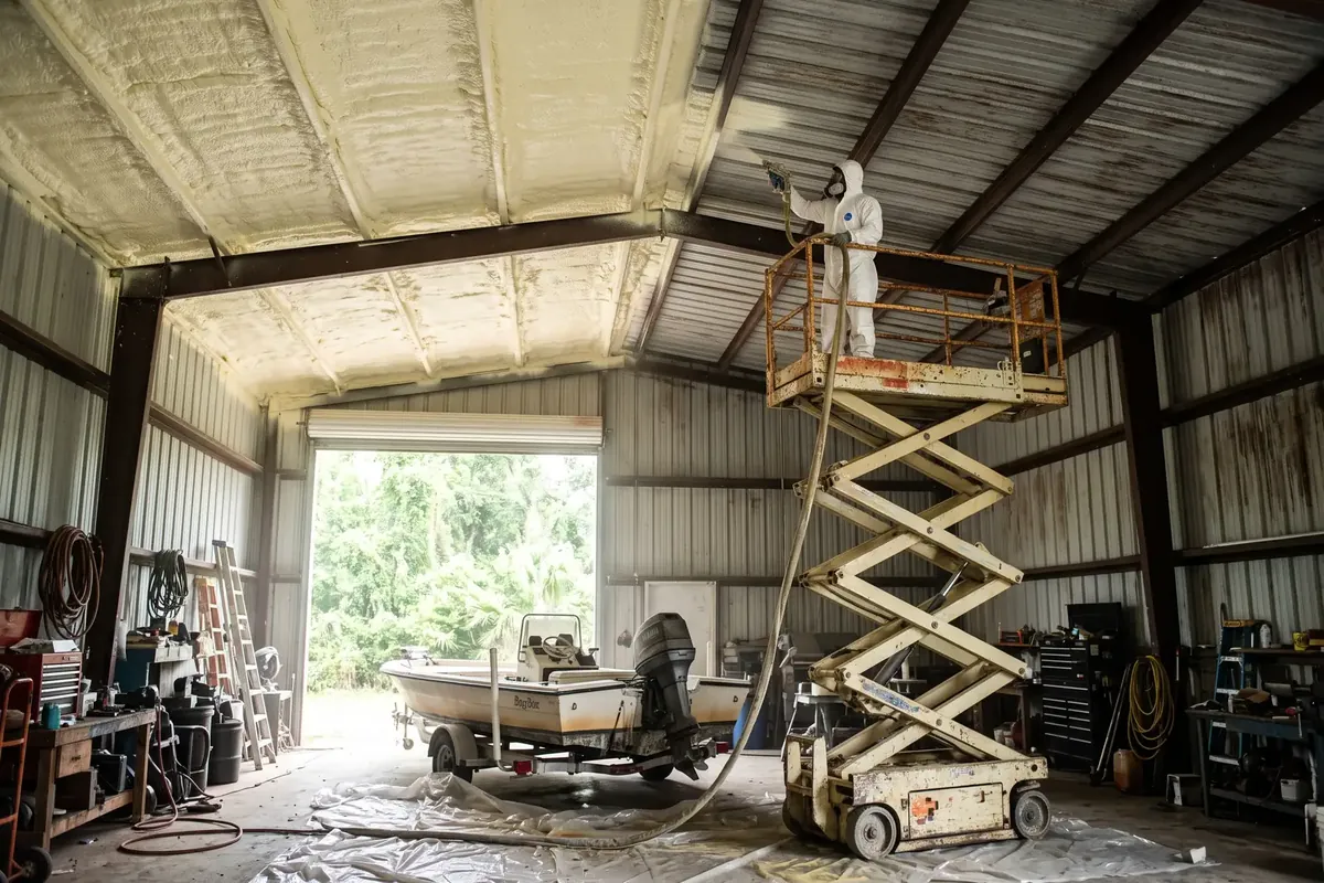 Closed-cell spray foam applied inside a metal shop building in Louisiana