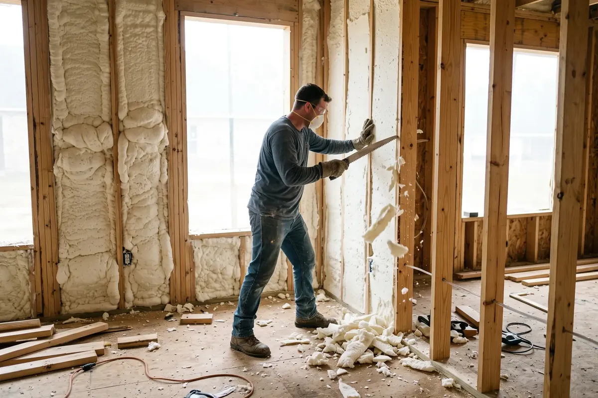 Spray foam insulation in open stud walls of a new Metairie home