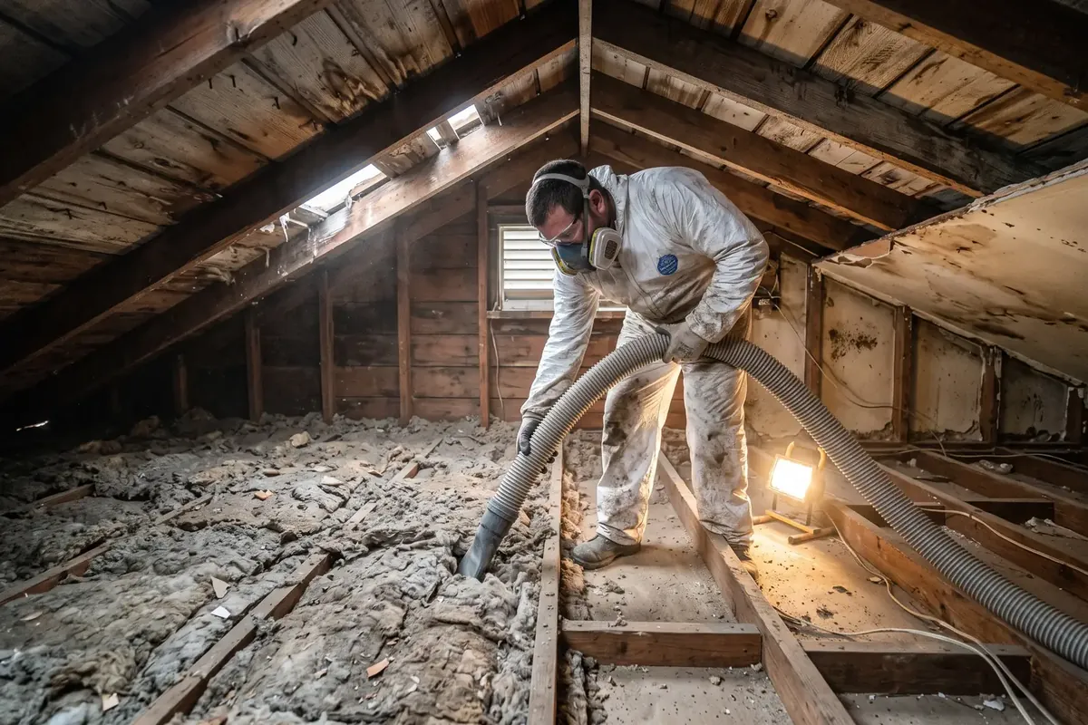 Old blown-in insulation being removed from a Metairie attic