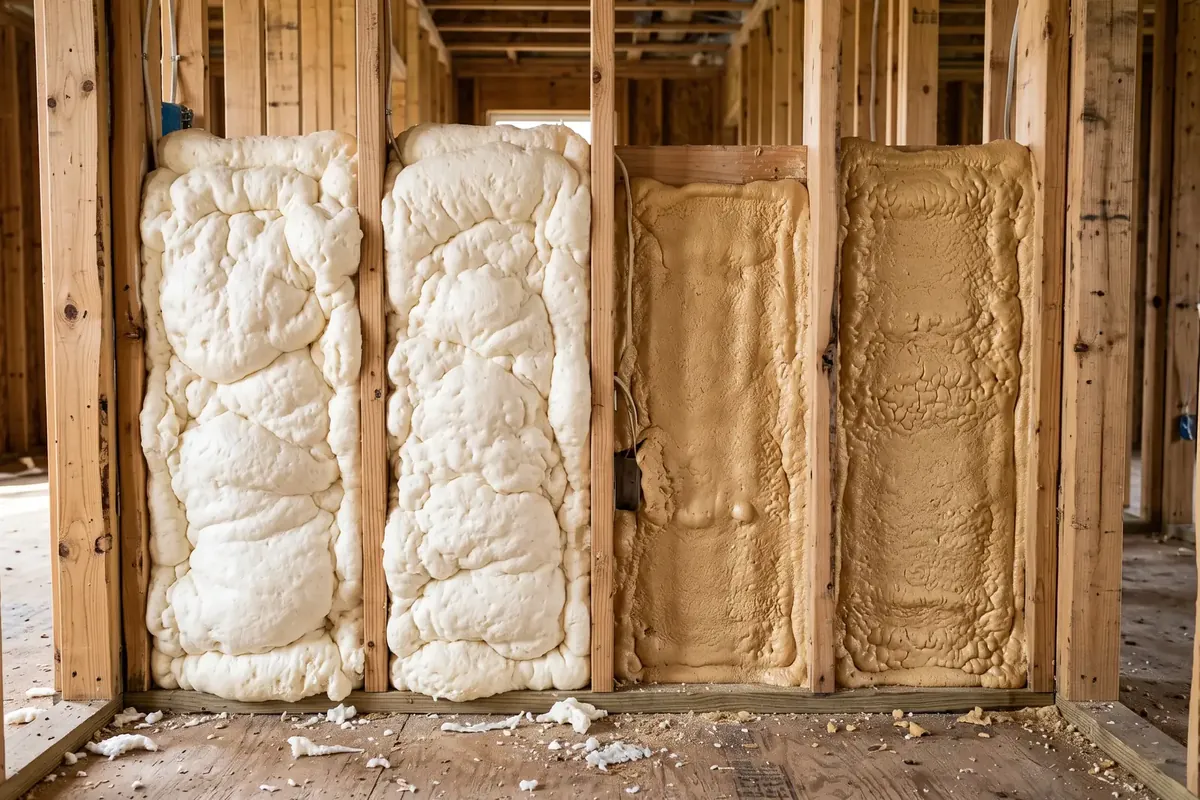 Open-cell and closed-cell spray foam side by side between studs