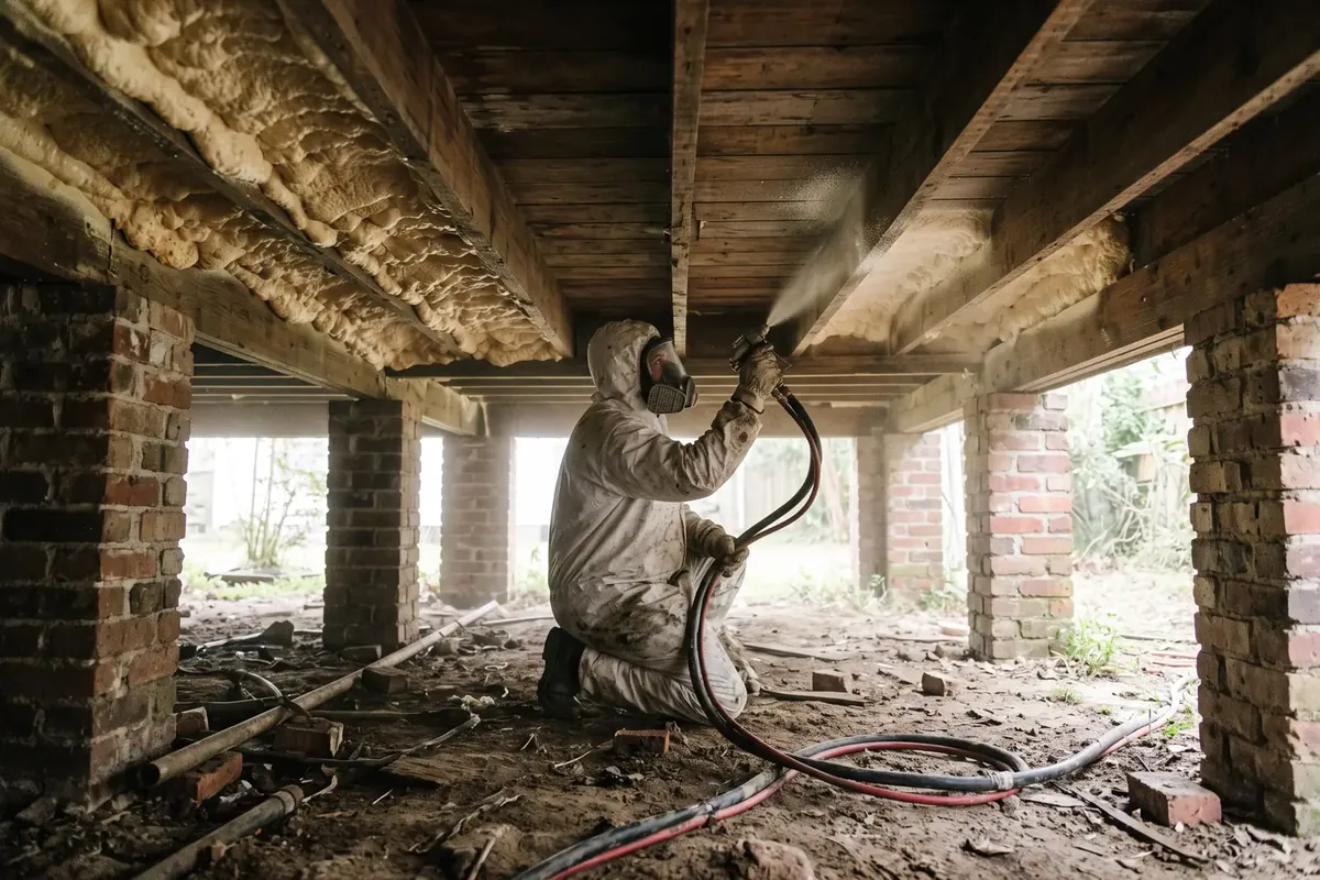 Closed-cell spray foam under the floor of a raised Metairie home