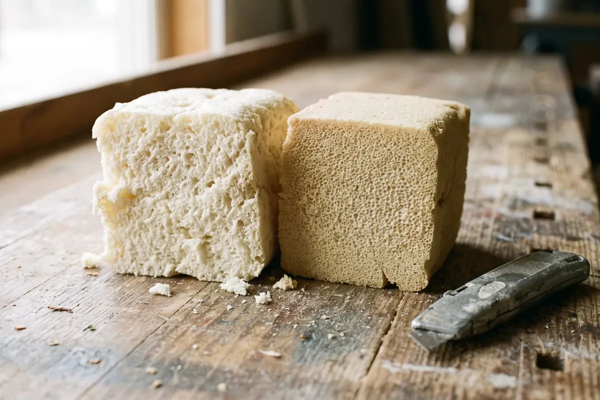 Close-up of cured open-cell and closed-cell spray foam samples