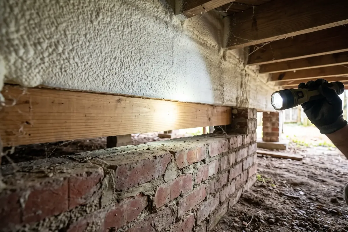 Inspection gap left between spray foam and foundation for termite checks