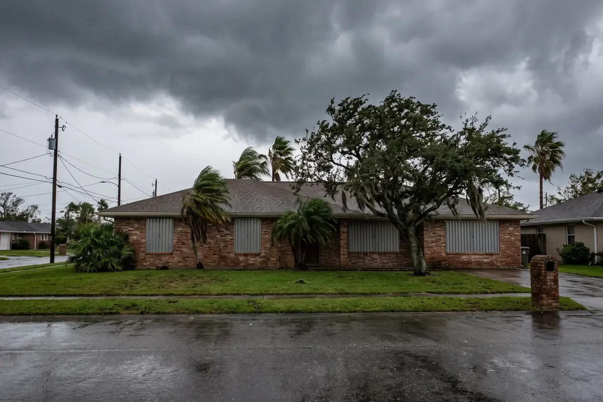 Metairie-area home with storm shutters as clouds gather before a hurricane