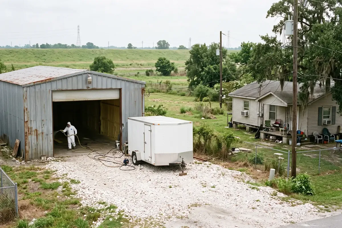 Metal shop building with spray foam rig in Avondale, Louisiana
