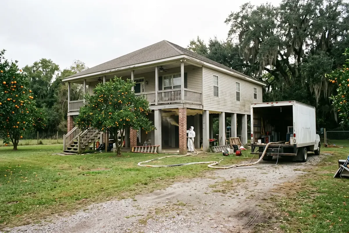 Raised home with citrus trees getting spray foam in Belle Chasse