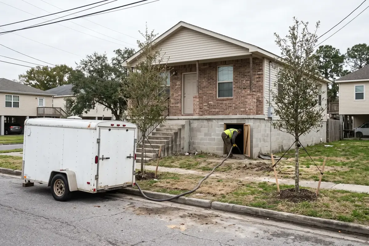 Spray foam crew at a rebuilt raised home in Chalmette, LA