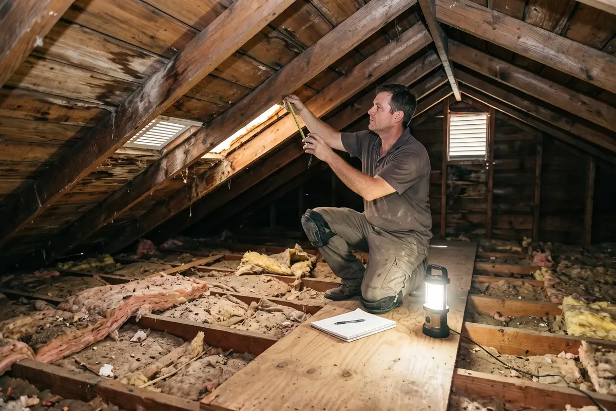 Contractor measuring an attic for a spray foam estimate in Metairie
