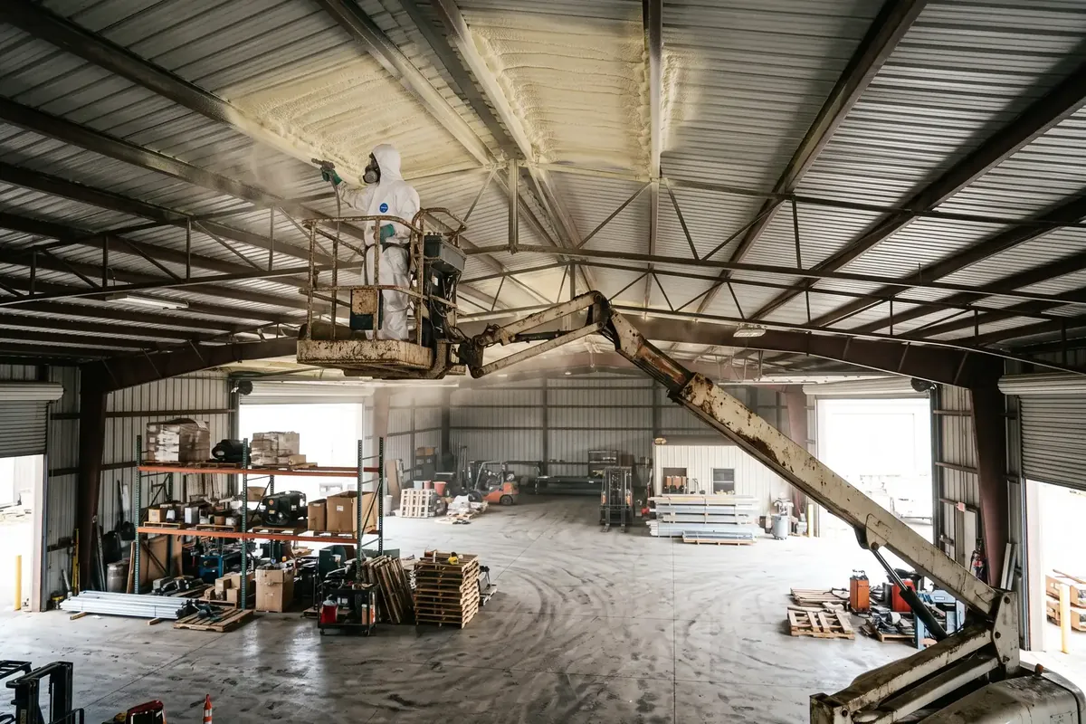 Closed-cell spray foam in a warehouse in Elmwood, Louisiana