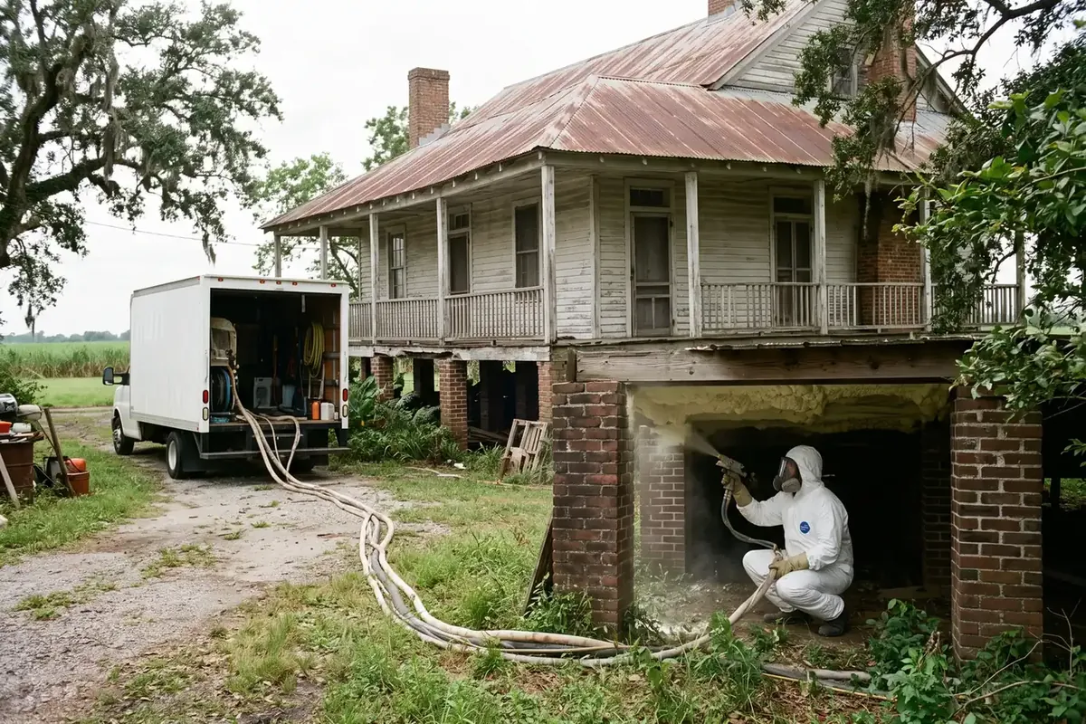 Raised farmhouse beside sugarcane fields in Hahnville, Louisiana