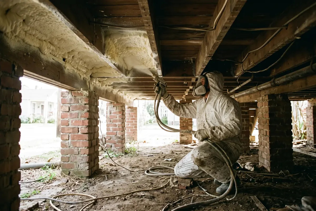 Spray foam installer under a raised cottage in Jefferson, LA