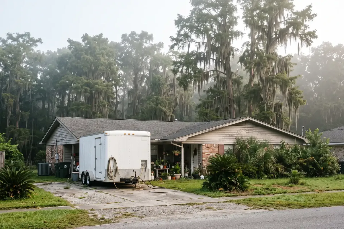 Spray foam rig at a home near the cypress swamp in LaPlace, LA
