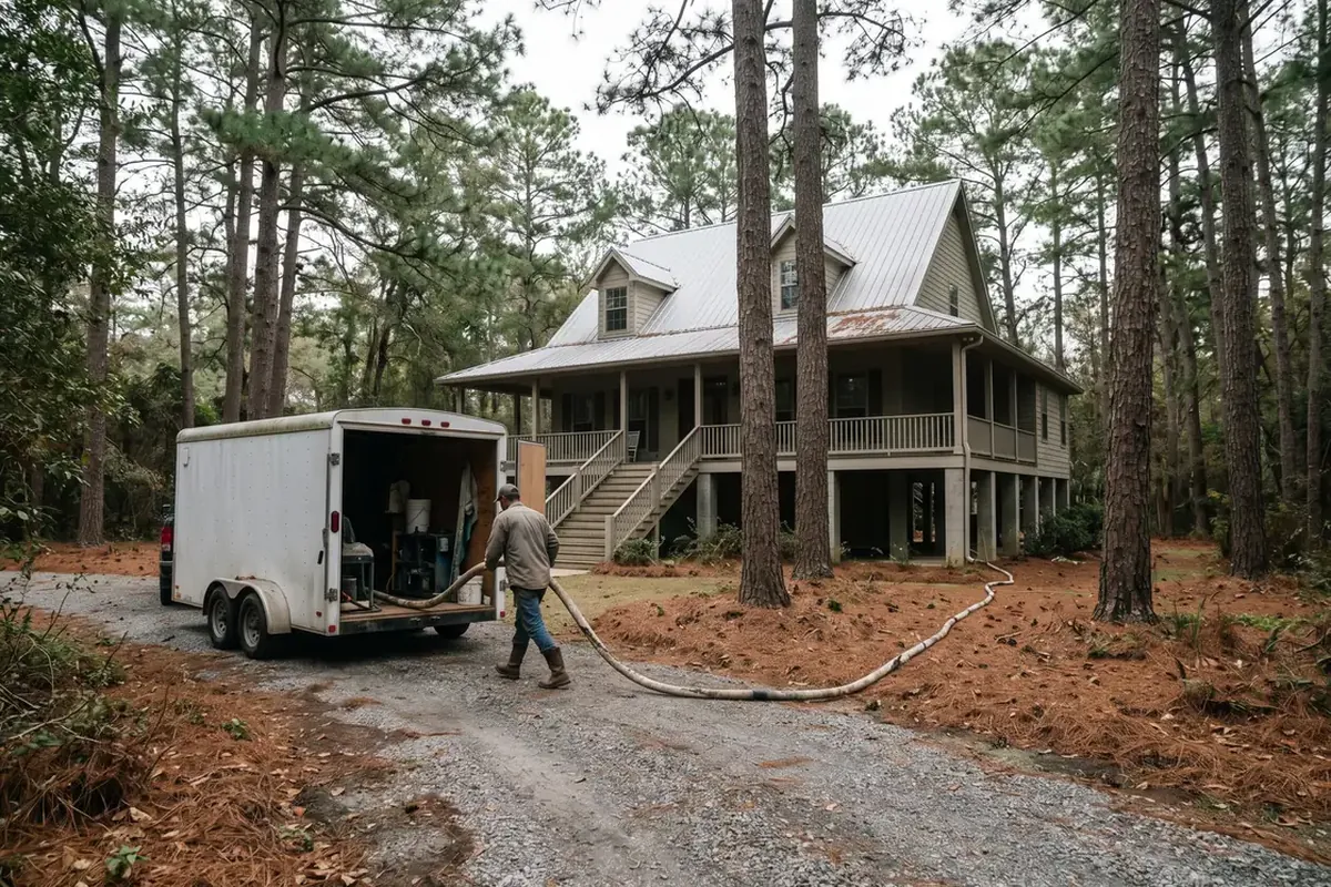 Spray foam crew at a home among tall pines in Mandeville, LA