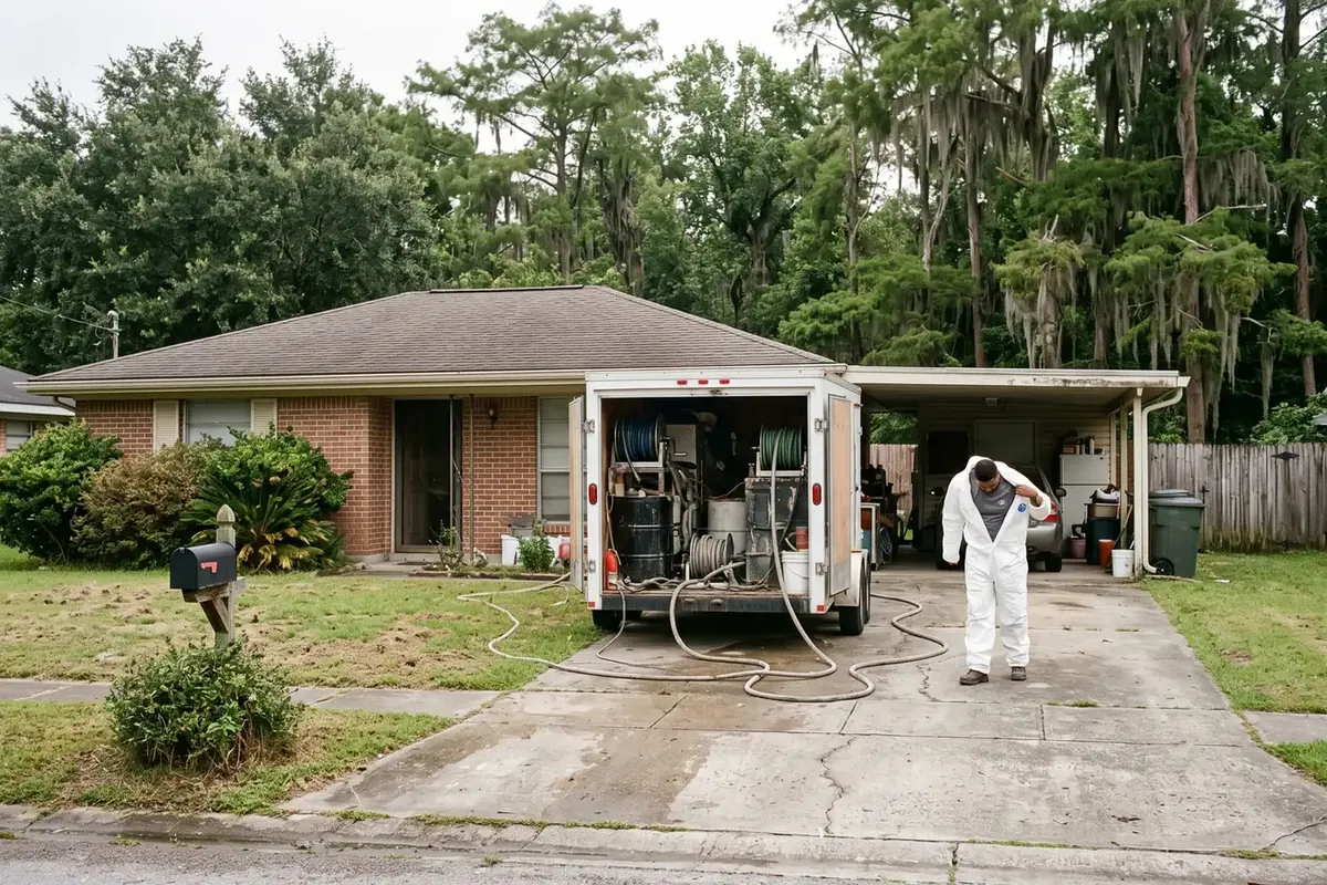 Spray foam rig at a suburban brick home in Marrero, LA