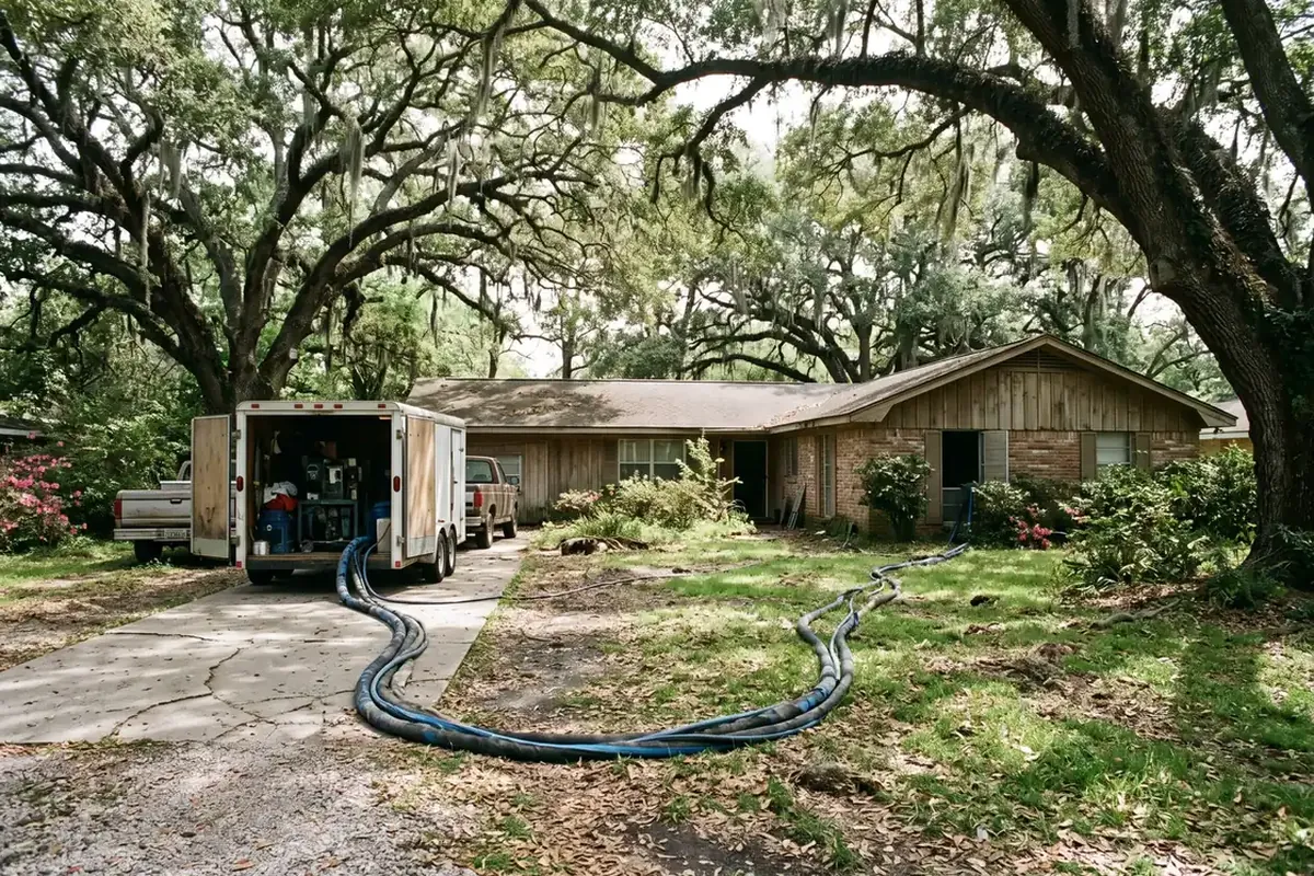 Spray foam rig at a ranch home on a large shaded lot in River Ridge