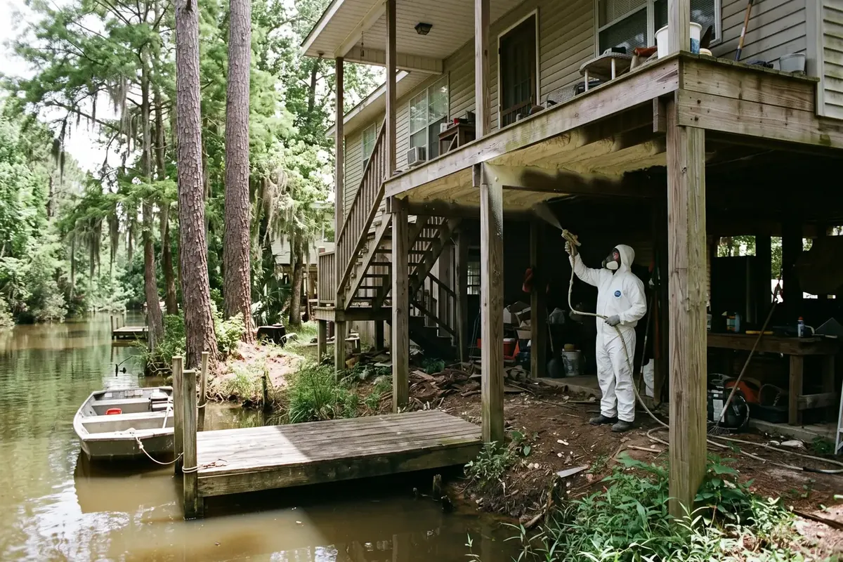 Raised home near a bayou getting spray foam in Slidell, Louisiana