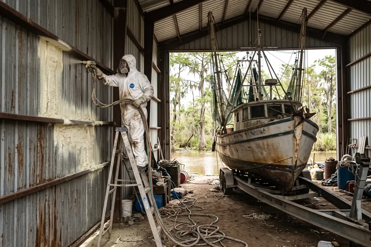 Spray foam in a metal boat shed in Westwego, Louisiana