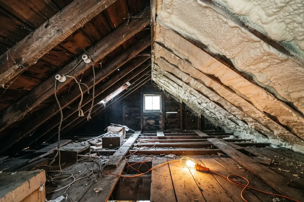 Spray foam in the attic of an older Old Metairie home with original wood