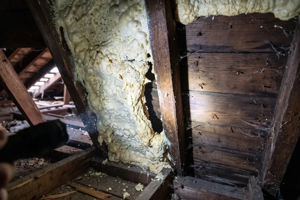Poorly applied spray foam with gaps and pull-away from rafters