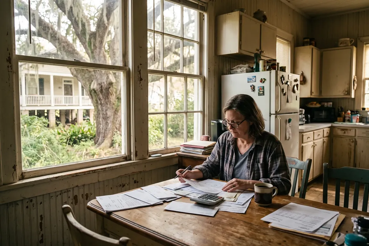 Homeowner reviewing energy savings paperwork at a kitchen table in Louisiana