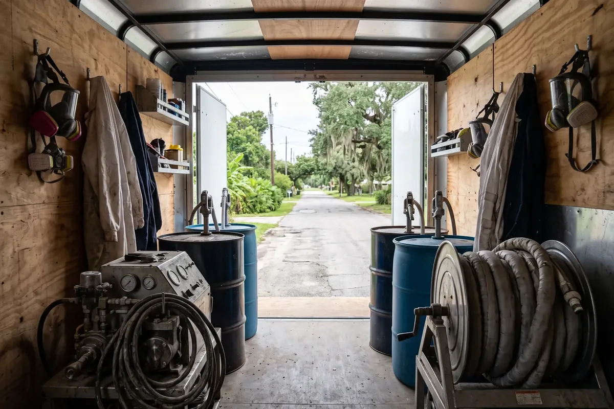 Spray foam proportioner and hoses inside a rig trailer