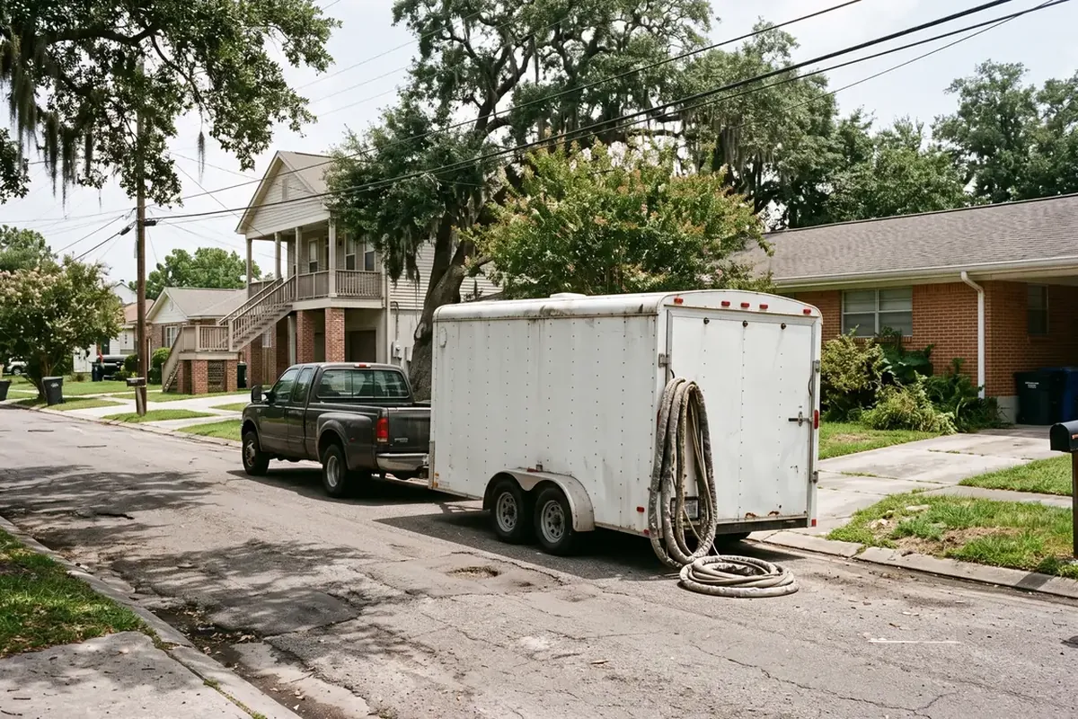 Spray foam rig trailer in a New Orleans area neighborhood
